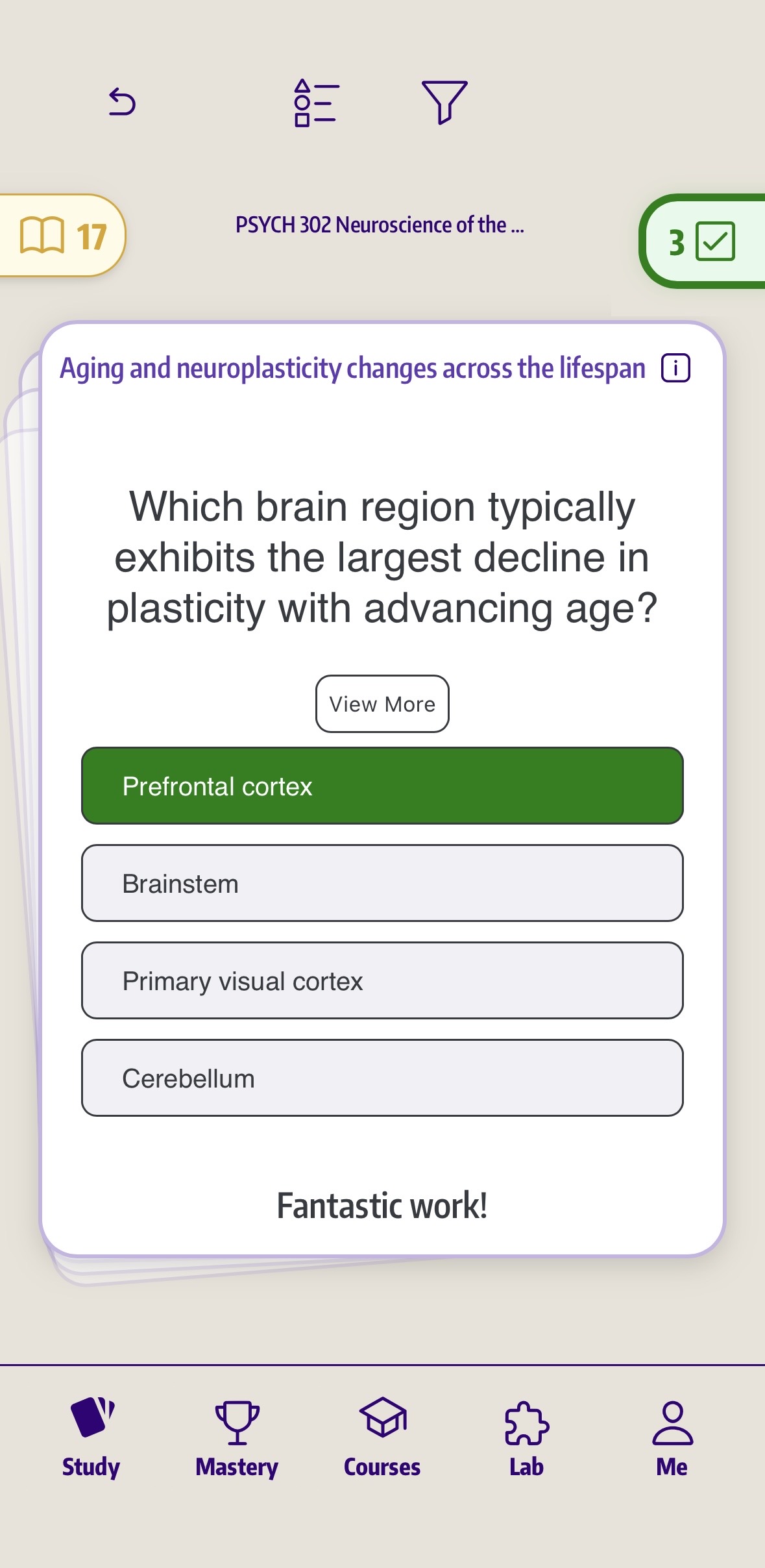 Laureata multiple choice study screen with answer feedback