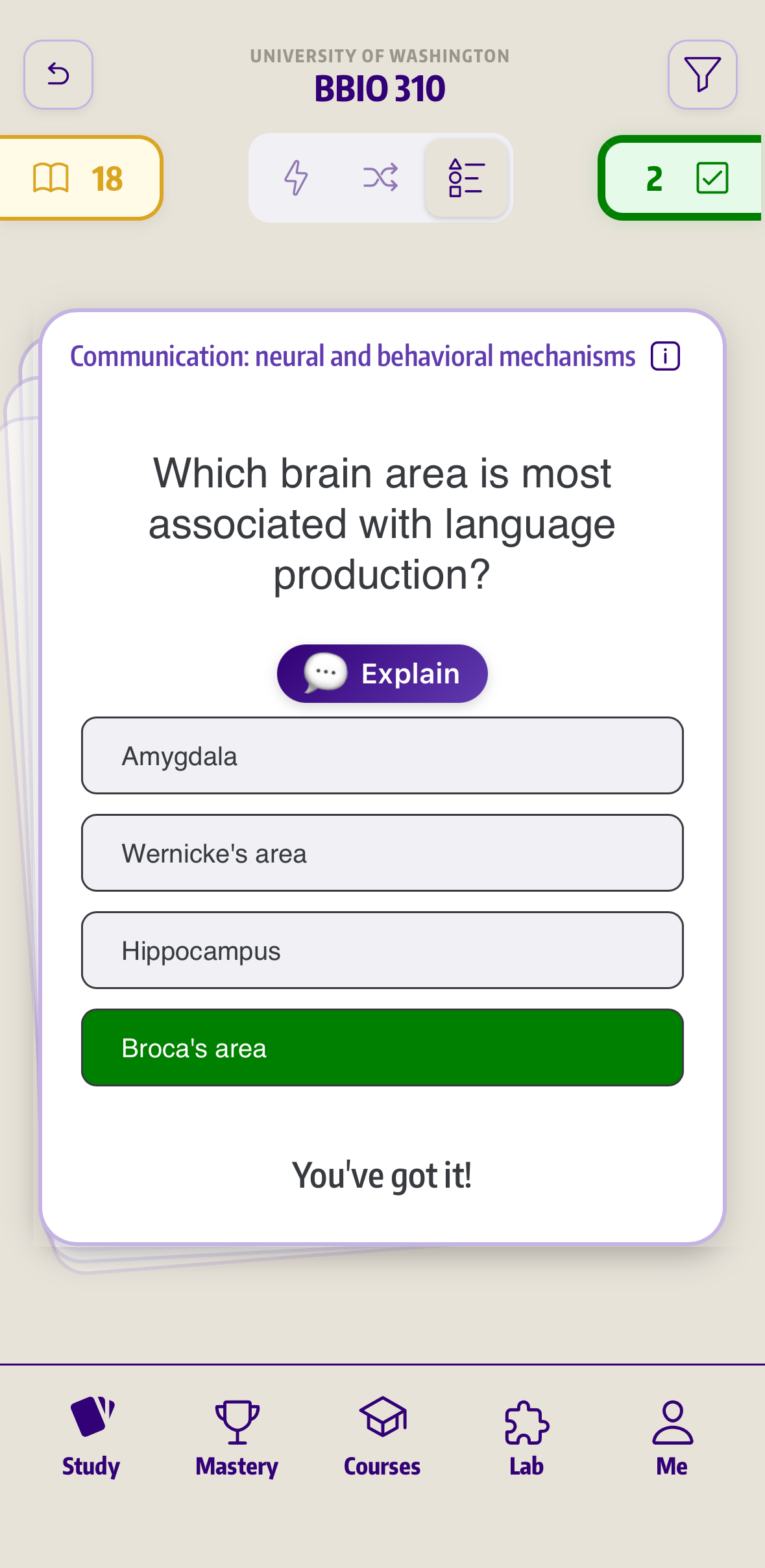 Laureata multiple choice study screen with answer feedback