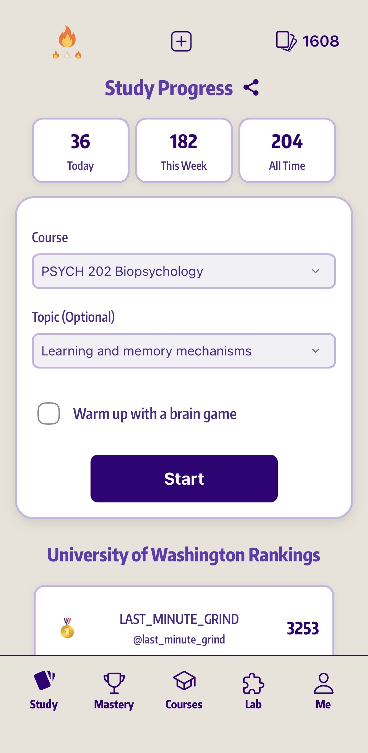 Laureata study screen showing course and topic selection