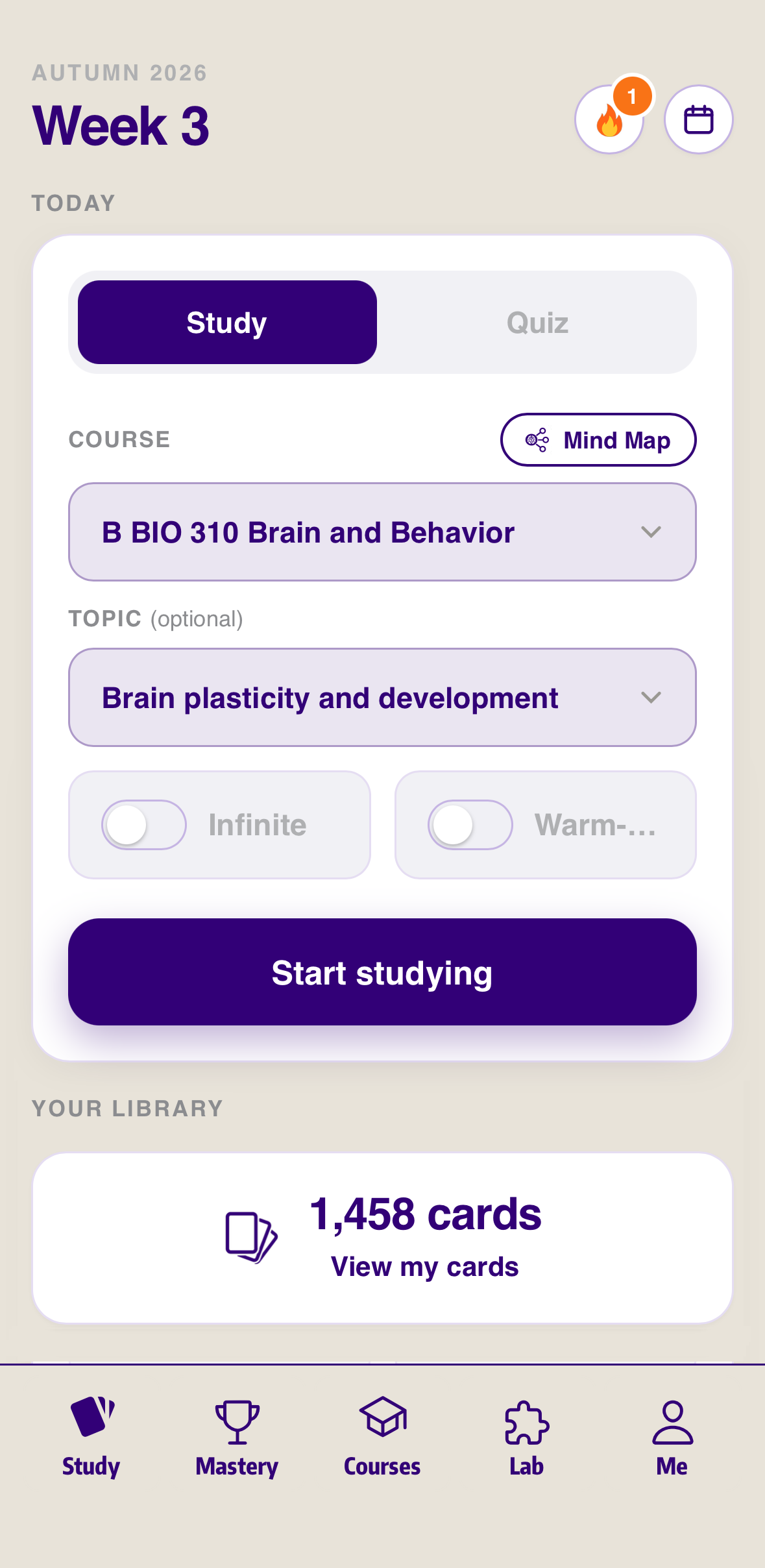 Laureata study screen showing course and topic selection