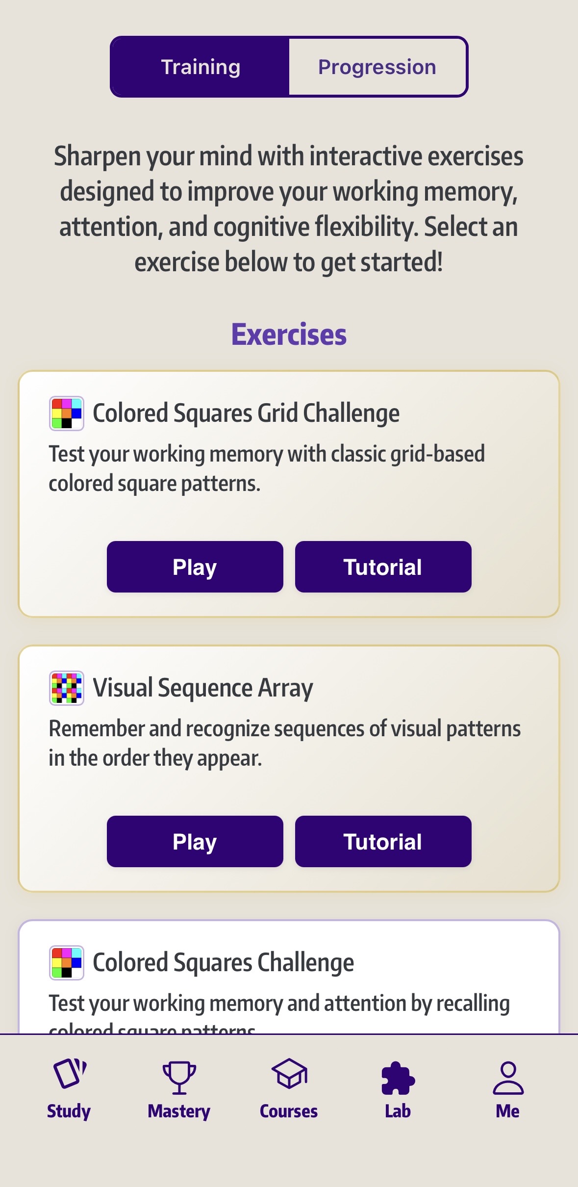 Laureata brain training exercises screen
