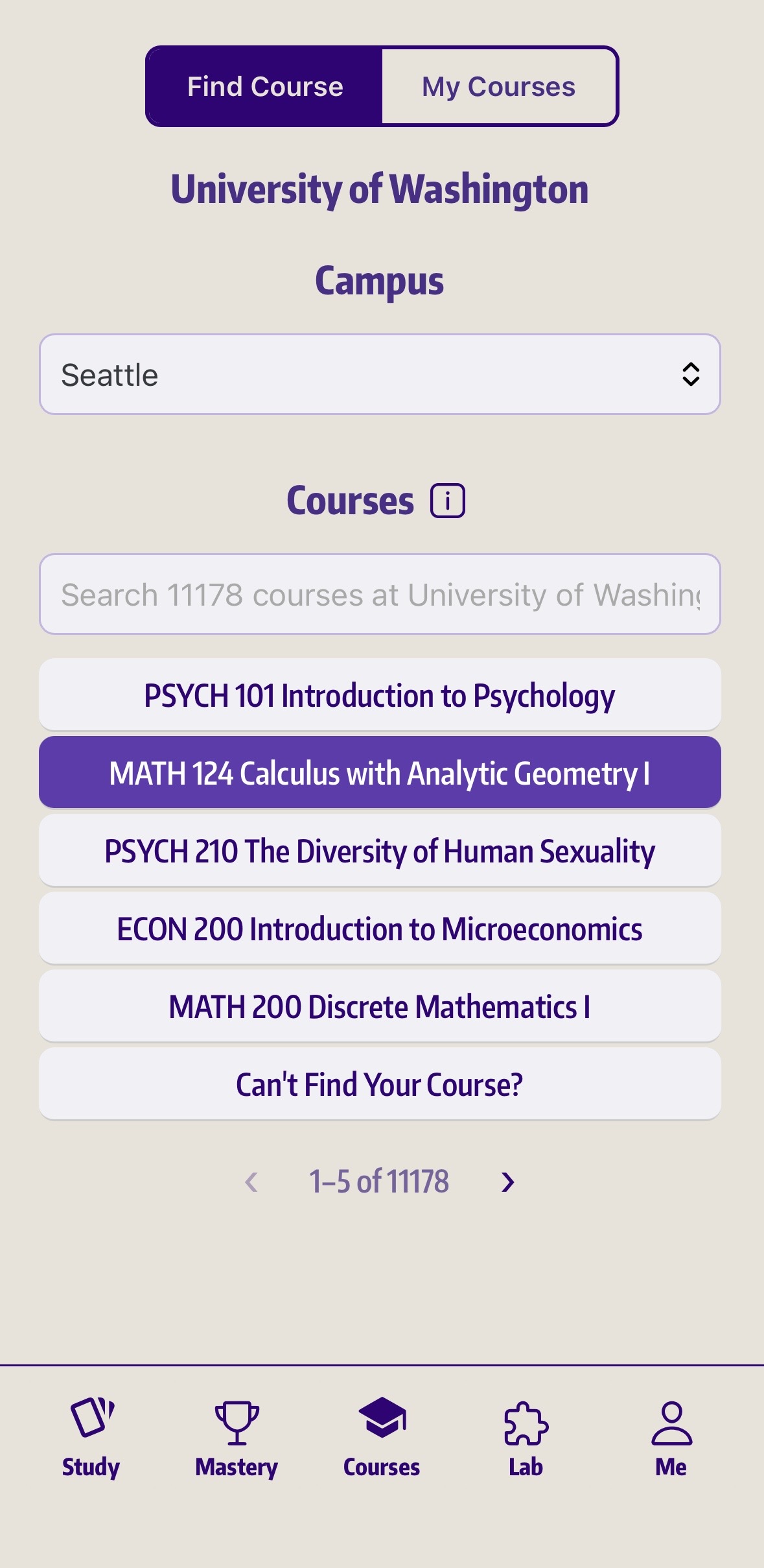 Laureata course lookup screen showing university course search